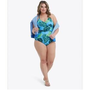 Draper James One Piece Swimsuit Plus‎ Size 3X Blue Green Palm Print NWOT